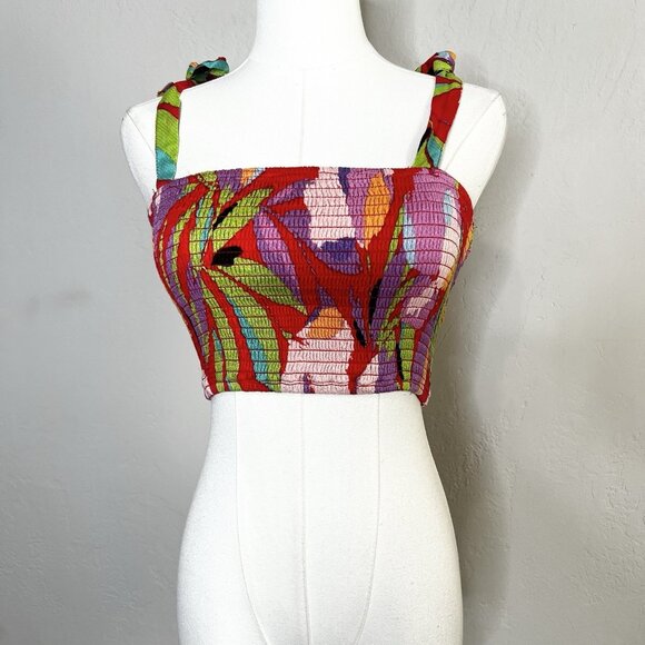 Lulus Crop Top Shades of Summer Colorful Tropical Smocked‎ Tie Strap Size XS NEW - Picture 1 of 7